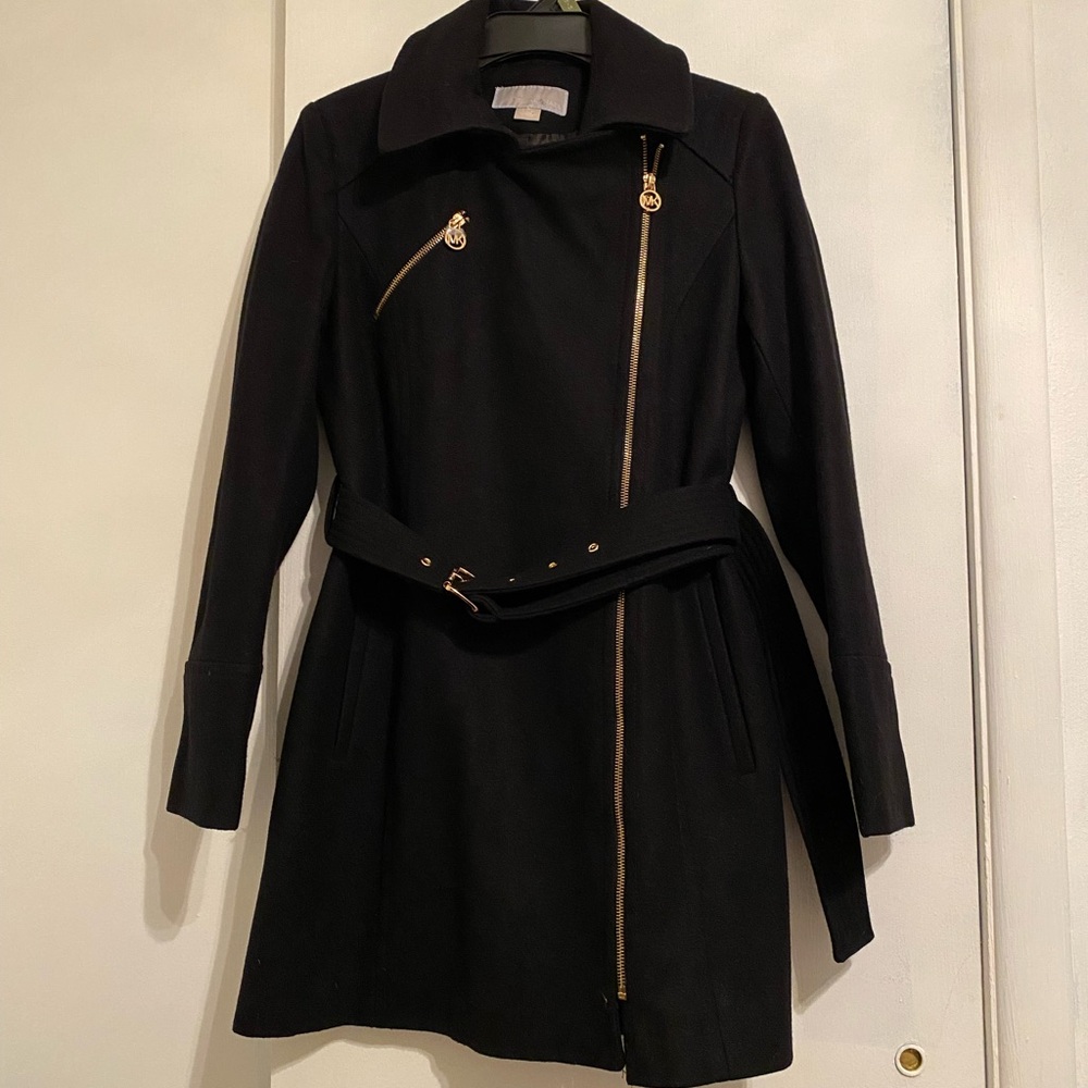 Michael Kors Black Winter Wool Blend Coat with Gold Accents, Cozy, Chic Size 6